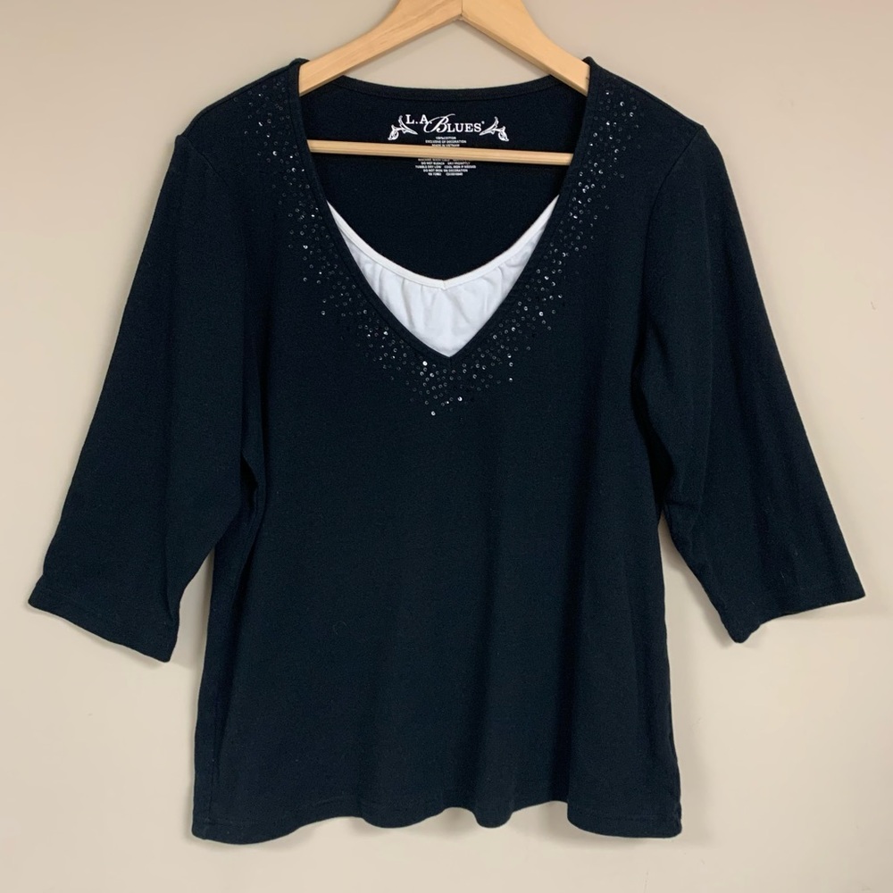 Black Beaded Blouse Women’s 14/16W Top Business Professional Dress Shirt